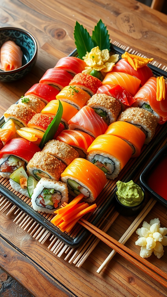 A colorful platter of homemade sushi rolls with fresh fish and vegetables, served with soy sauce and garnished with wasabi.